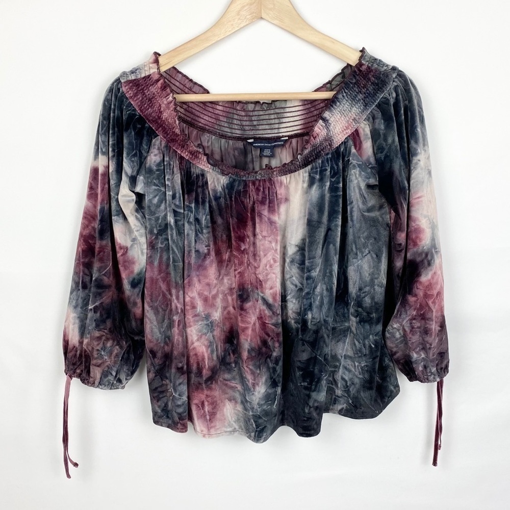 𝅺AMERICAN Eagle Multi Tie-Dye Velvet Off Shoulder Long Sleeve Top